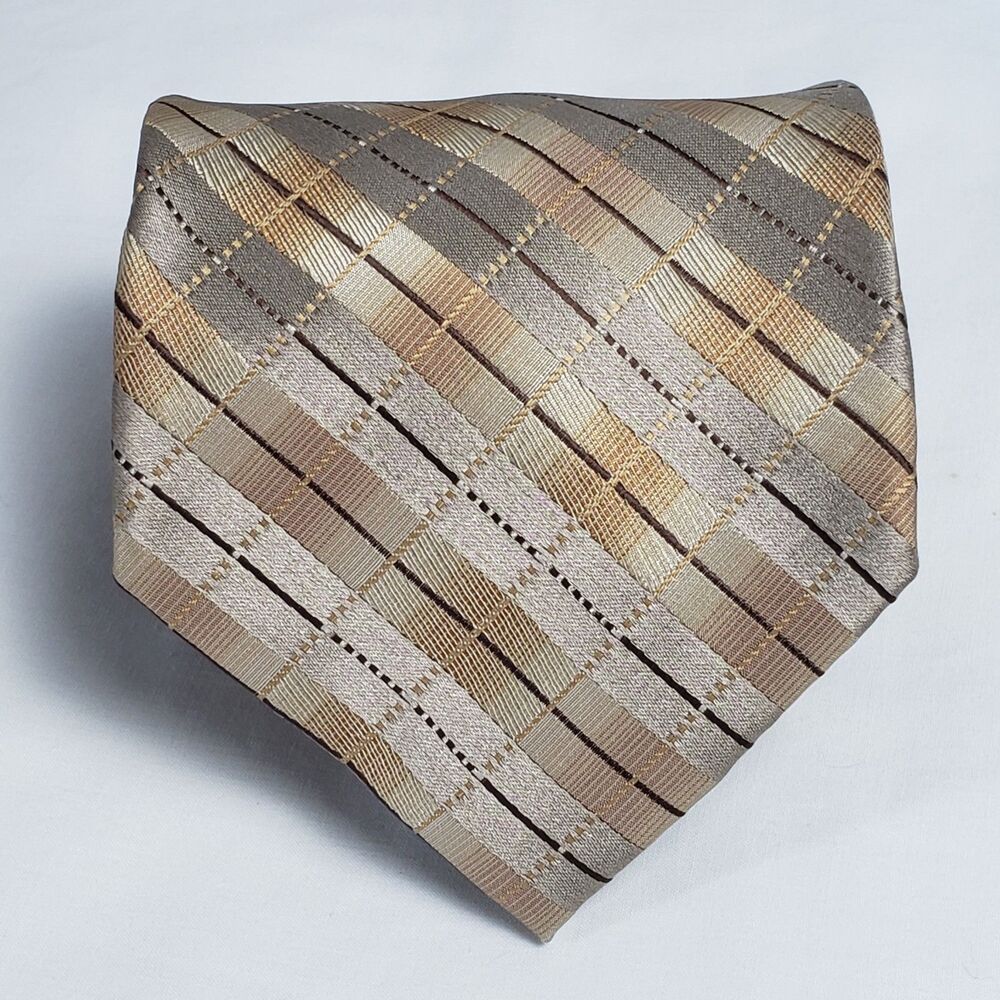 Vtg Tie Bergamo New York X-L Plaid Men's Gold Gray Brown 100% Polyester 4x64 in